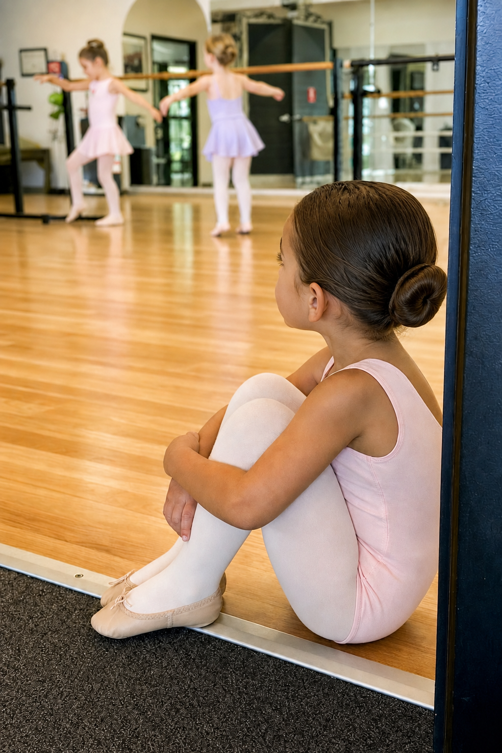 Child watching a dance class from the doorway