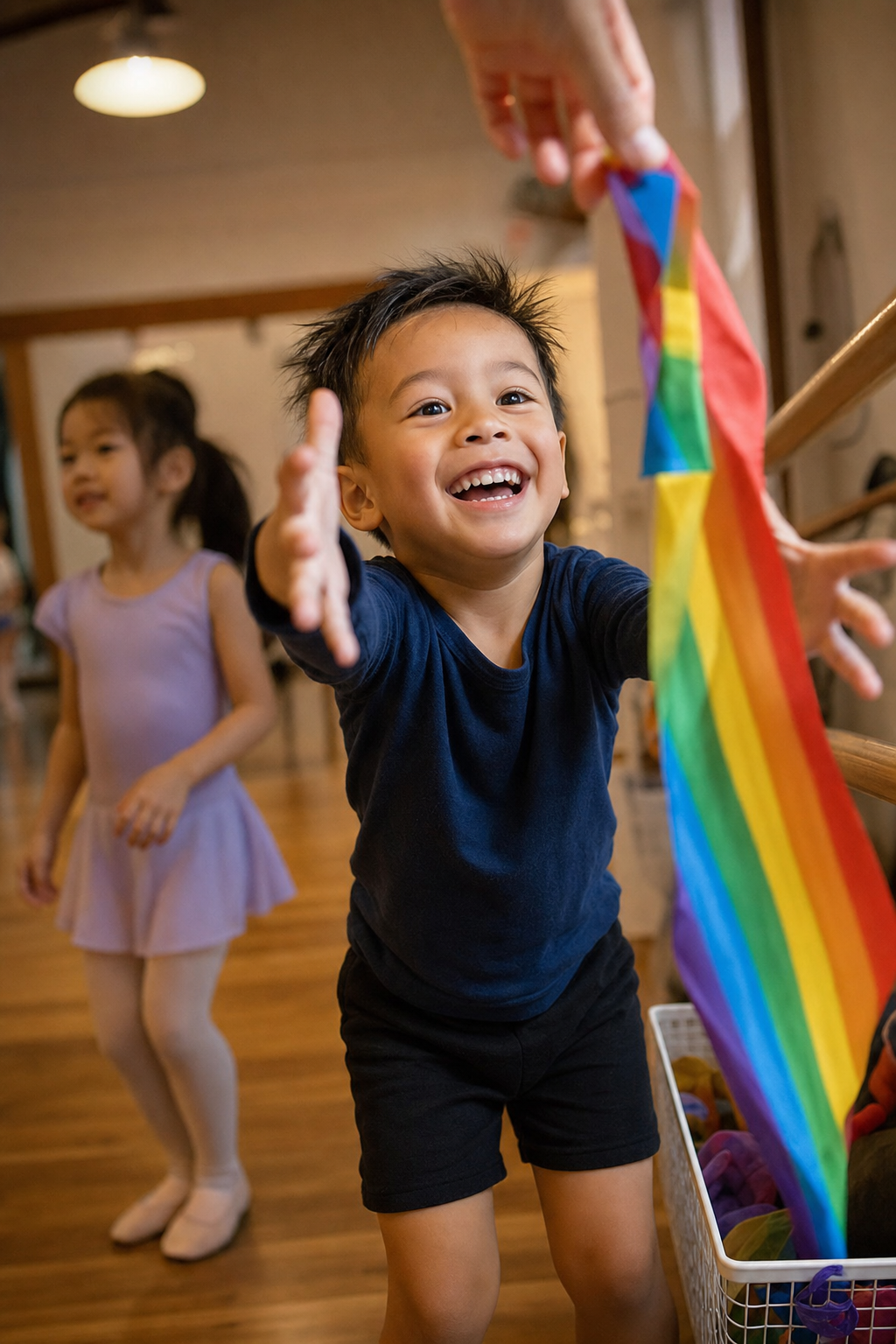 Young boy with a rainbow ribbon in a creative dance class