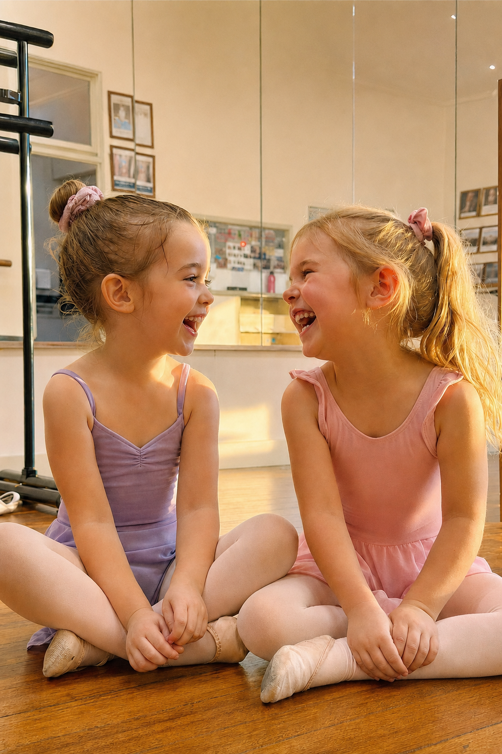 Young ballerinas laughing together in class