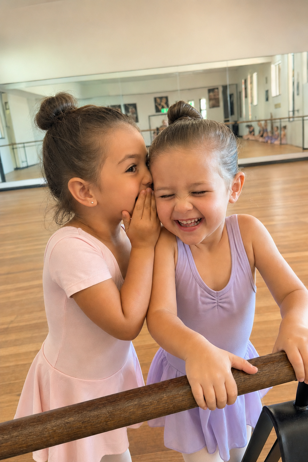 Young ballerinas whispering during a lesson