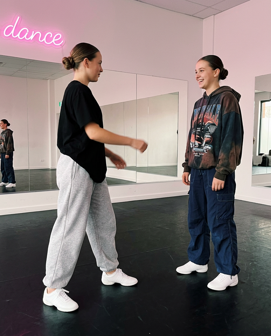 Ballet class moment captured in a studio